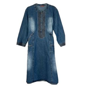 VTG HM Silver Niddle Button Pintuck Lagenlook Boho Stonewashed Denim Dress